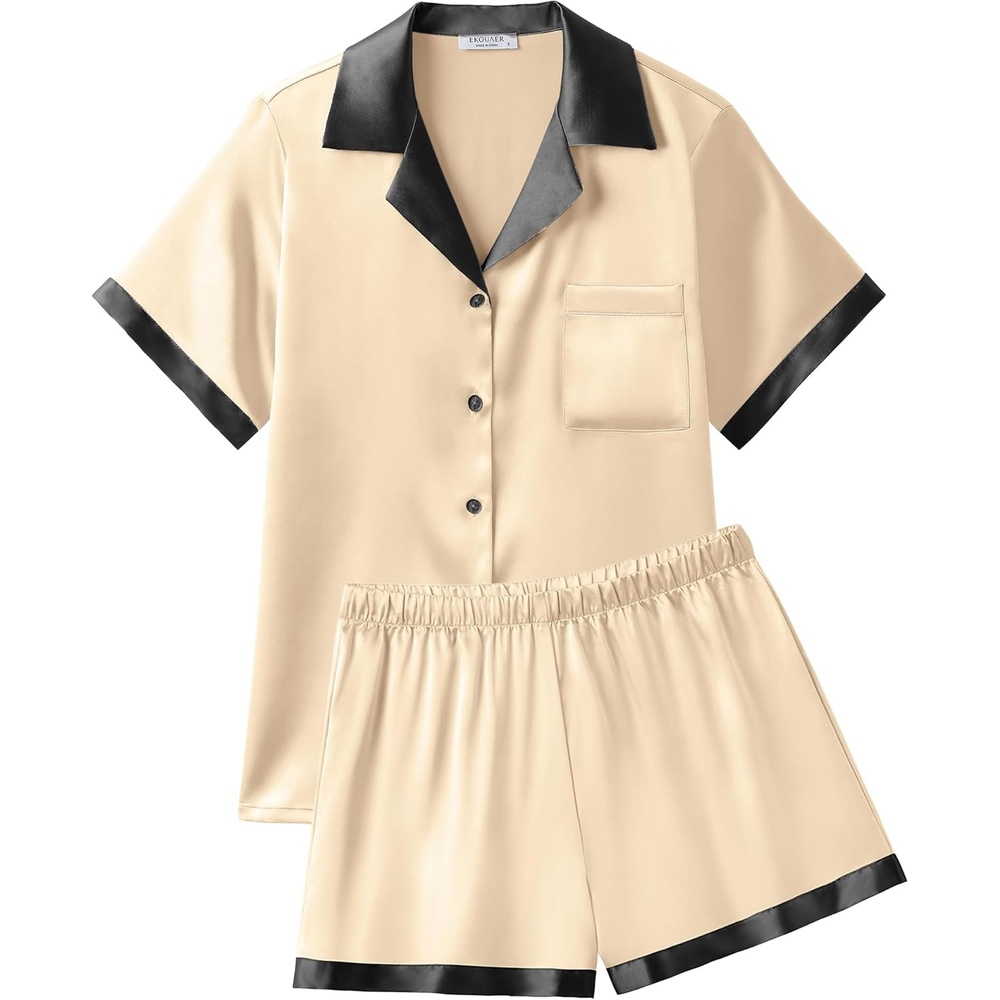 image:imageEkouaer Womens Silk Satin Pajamas Set Short Sleeve Sleepwear Button Down Loungewear 2 Piece Pjs Shorts SetBeige