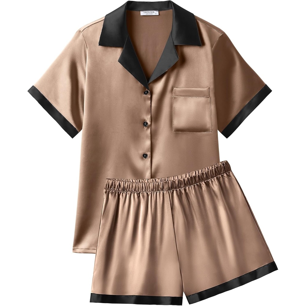 image:imageEkouaer Womens Silk Satin Pajamas Set Short Sleeve Sleepwear Button Down Loungewear 2 Piece Pjs Shorts SetBrown