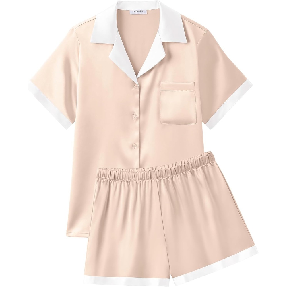image:imageEkouaer Womens Silk Satin Pajamas Set Short Sleeve Sleepwear Button Down Loungewear 2 Piece Pjs Shorts SetChampagne