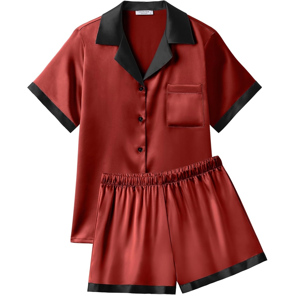 image:imageEkouaer Womens Silk Satin Pajamas Set Short Sleeve Sleepwear Button Down Loungewear 2 Piece Pjs Shorts SetDark Red