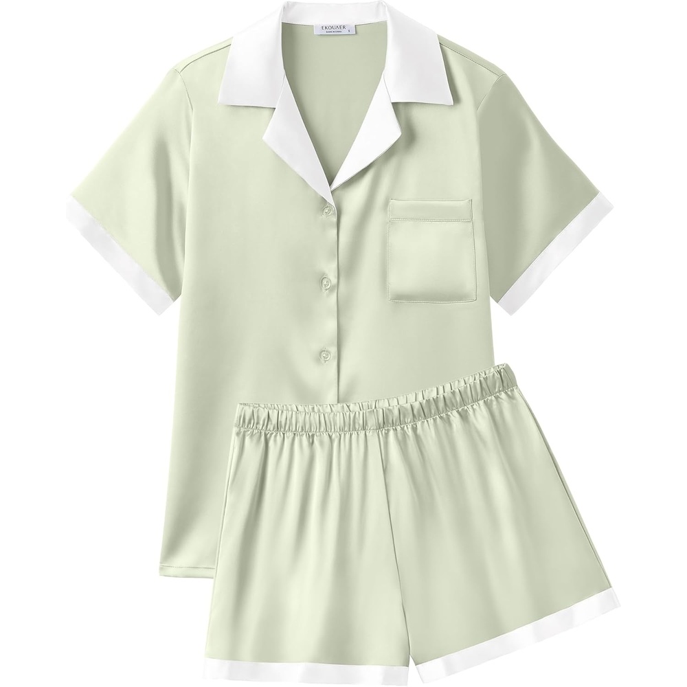 image:imageEkouaer Womens Silk Satin Pajamas Set Short Sleeve Sleepwear Button Down Loungewear 2 Piece Pjs Shorts SetLight Green