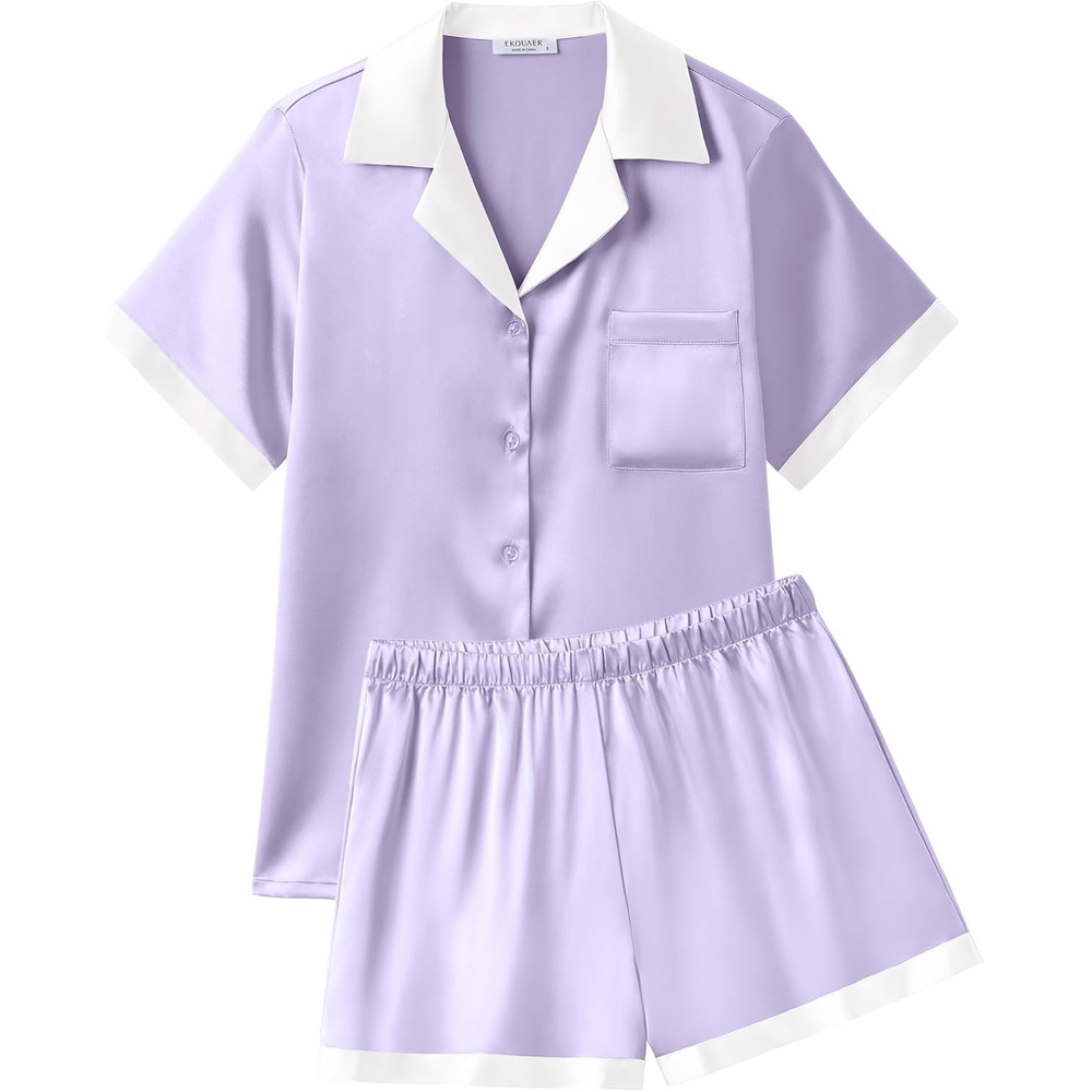 image:imageEkouaer Womens Silk Satin Pajamas Set Short Sleeve Sleepwear Button Down Loungewear 2 Piece Pjs Shorts SetPurple