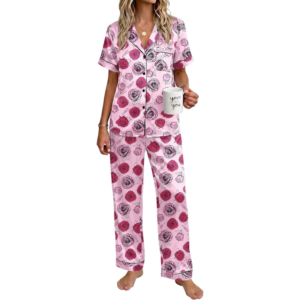 image:imageEkouaer Womens Silky Satin Pajamas Set Short Sleeve Button Down Sleepwear 2 Piece Lounge Set Pj SetRose Lipstick