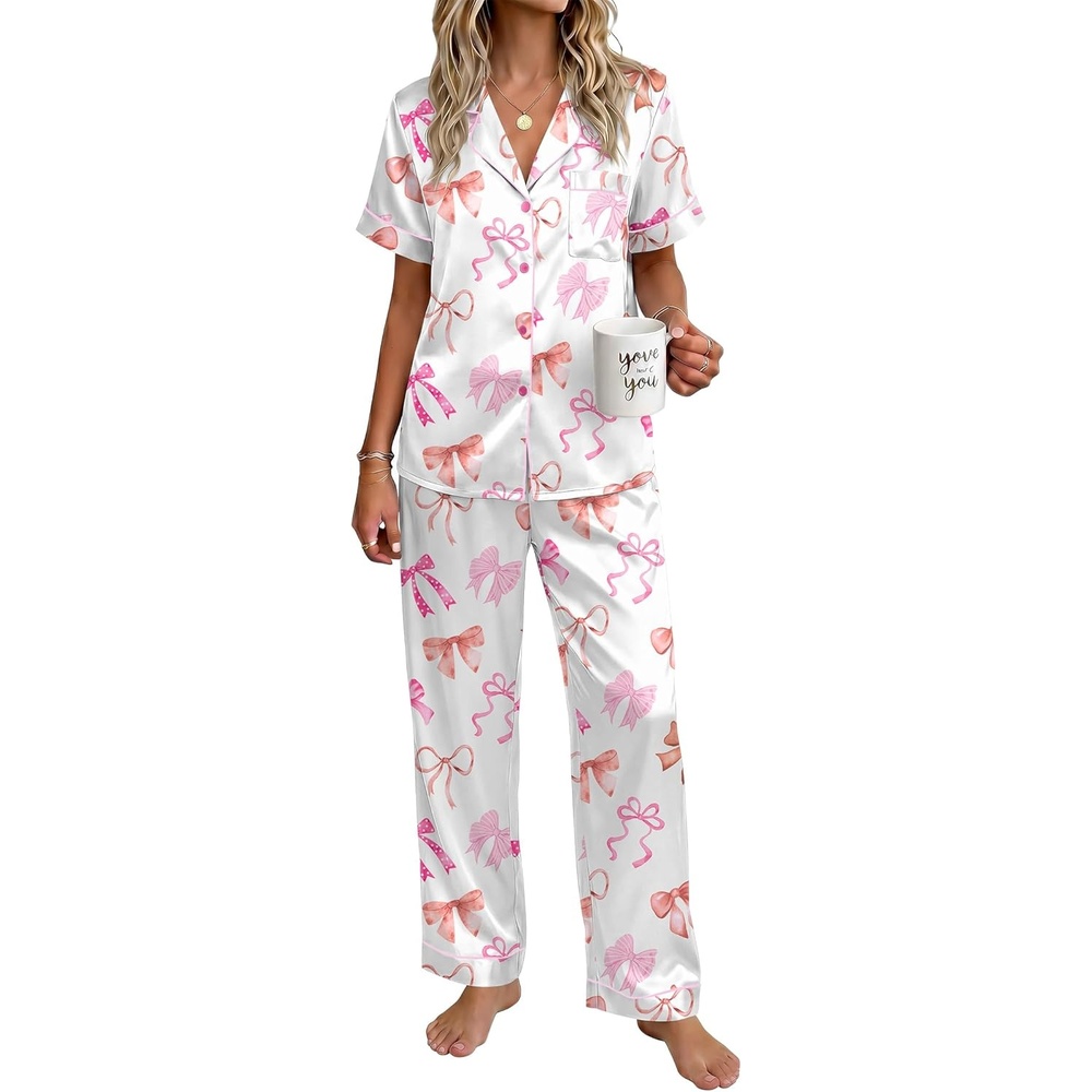 image:imageEkouaer Womens Silky Satin Pajamas Set Short Sleeve Button Down Sleepwear 2 Piece Lounge Set Pj SetWhite Bow