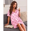 Ekouaer Satin Nightgowns for Women Silk Short Sleeve Nightshirt Silky T shirt Night Gown V Neck Sleepshirt Loose Sleepwear(Butterfly Deep Pink)