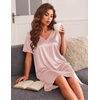 Ekouaer Satin Nightgowns for Women Silk Short Sleeve Nightshirt Silky T shirt Night Gown V Neck Sleepshirt Loose Sleepwear(Champagne)
