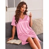 Ekouaer Satin Nightgowns for Women Silk Short Sleeve Nightshirt Silky T shirt Night Gown V Neck Sleepshirt Loose Sleepwear(Pink)