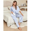 Ekouaer Silk Satin Pajamas Set Women Short Sleeve Pj Sets Button Down Sleepwear 2 Piece Soft Loungewear S-XXL(Blue Stripes)