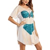 Ekouaer Women’s Bikini Shirt Cover Up Short Sleeve Cute Bikini Print Cover-Up Baggy T Shirt Dress Fun Wear(Cyan Flower)
