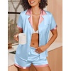 Ekouaer Womens Silk Satin Pajamas Set Short Sleeve Sleepwear Button Down Loungewear 2 Piece Pjs Shorts Set(Blue)