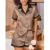 Ekouaer Womens Silk Satin Pajamas Set Short Sleeve Sleepwear Button Down Loungewear 2 Piece Pjs Shorts Set(Brown)