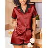 Ekouaer Womens Silk Satin Pajamas Set Short Sleeve Sleepwear Button Down Loungewear 2 Piece Pjs Shorts Set(Dark Red)