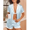 Ekouaer Womens Silk Satin Pajamas Set Short Sleeve Sleepwear Button Down Loungewear 2 Piece Pjs Shorts Set(Light Blue)