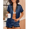 Ekouaer Womens Silk Satin Pajamas Set Short Sleeve Sleepwear Button Down Loungewear 2 Piece Pjs Shorts Set(Navy Blue)