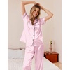 Ekouaer Womens Silky Satin Pajamas Set Short Sleeve Button Down Sleepwear 2 Piece Lounge Set Pj Set(Pink Stripes)