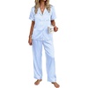 Ekouaer Womens Silky Satin Pajamas Set Short Sleeve Button Down Sleepwear 2 Piece Lounge Set Pj Set(Blue Stripes)