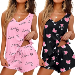 Ekouaer 2 Pack Pajamas for Women Set Tank Top and Shorts Pjs Soft Sleeveless Sleepwear Summer Loungewear,S-XXL(Black Heart/Pink Love)
