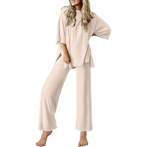 Ekouaer Lounge Sets for Women Short Sleeve Tops and Long Pants Soft Comfy Pajamas Set 2 Piece Outfits(Beige)