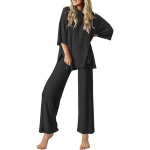 Ekouaer Lounge Sets for Women Short Sleeve Tops and Long Pants Soft Comfy Pajamas Set 2 Piece Outfits(Black)