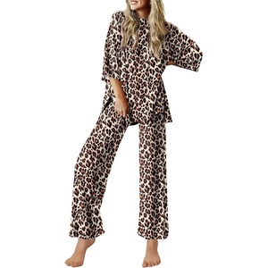 Ekouaer Lounge Sets for Women Short Sleeve Tops and Long Pants Soft Comfy Pajamas Set 2 Piece Outfits(Brown Leopard)