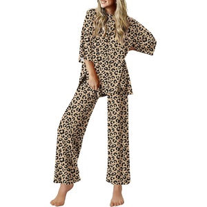 Ekouaer Lounge Sets for Women Short Sleeve Tops and Long Pants Soft Comfy Pajamas Set 2 Piece Outfits(Camel Black Leopard)