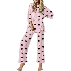 Ekouaer Lounge Sets for Women Short Sleeve Tops and Long Pants Soft Comfy Pajamas Set 2 Piece Outfits(Pink Bow)