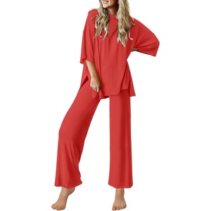 Ekouaer Lounge Sets for Women Short Sleeve Tops and Long Pants Soft Comfy Pajamas Set 2 Piece Outfits(Red)