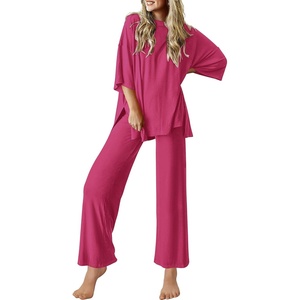 Ekouaer Lounge Sets for Women Short Sleeve Tops and Long Pants Soft Comfy Pajamas Set 2 Piece Outfits(Rose Red)