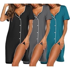 Ekouaer Nightgowns for Women 3 Pack Sleep Shirts Button Down Pajama Dress Short Sleeve Nightshirt Sleepwear Nightdress(Black/Grey/Blue Green)