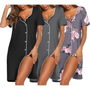 Ekouaer Nightgowns for Women 3 Pack Sleep Shirts Button Down Pajama Dress Short Sleeve Nightshirt Sleepwear Nightdress(Black/Grey/Grey Pink Floral)
