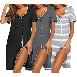 Ekouaer Nightgowns for Women 3 Pack Sleep Shirts Button Down Pajama Dress Short Sleeve Nightshirt Sleepwear Nightdress(Black/Grey/Grey Stripe)