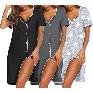Ekouaer Nightgowns for Women 3 Pack Sleep Shirts Button Down Pajama Dress Short Sleeve Nightshirt Sleepwear Nightdress(Black/Grey/Light Grey Star)