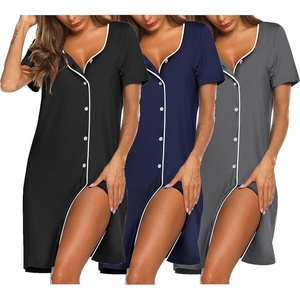 Ekouaer Nightgowns for Women 3 Pack Sleep Shirts Button Down Pajama Dress Short Sleeve Nightshirt Sleepwear Nightdress(Black/Navy Blue/Grey)