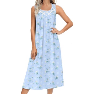 Ekouaer Nightgowns for Women Cotton Long Night Gown Sleeveless Sleep Dress Victorian Nightdress Ladies Sleepwear(Blue Florals)