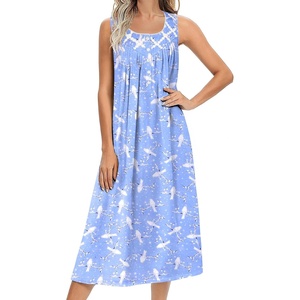 Ekouaer Nightgowns for Women Cotton Long Night Gown Sleeveless Sleep Dress Victorian Nightdress Ladies Sleepwear(Blue White Birds)