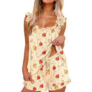 Ekouaer Pajama for Women Set 2 Piece Ruffle Pjs Soft Tank Top and Shorts Sleepwear Set Bridal Pajama Set for Women(Bow Strawberries)