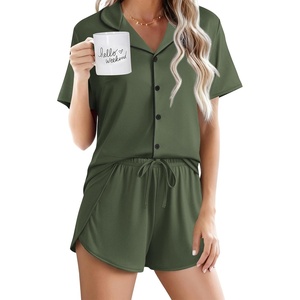 Ekouaer Pajamas for Women Set Button Up Sleepwear 2 Piece Pjs Lounge Set Short Sleeve Nightwear(Army Green)