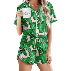 Ekouaer Pajamas for Women Set Button Up Sleepwear 2 Piece Pjs Lounge Set Short Sleeve Nightwear(Leaves)