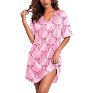 Ekouaer Satin Nightgowns for Women Silk Short Sleeve Nightshirt Silky T shirt Night Gown V Neck Sleepshirt Loose Sleepwear(Butterfly Deep Pink)