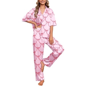 Ekouaer Silk Satin Pajamas Set Women Short Sleeve Pj Sets Button Down Sleepwear 2 Piece Soft Loungewear S-XXL(Pink Bow)