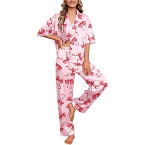 Ekouaer Silk Satin Pajamas Set Women Short Sleeve Pj Sets Button Down Sleepwear 2 Piece Soft Loungewear S-XXL(Red Bow)