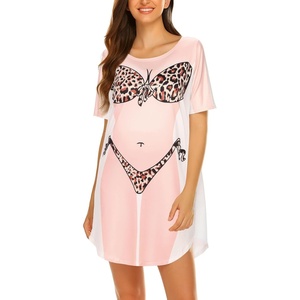 Ekouaer Women’s Bikini Shirt Cover Up Short Sleeve Cute Bikini Print Cover-Up Baggy T Shirt Dress Fun Wear(A-leopard Print)