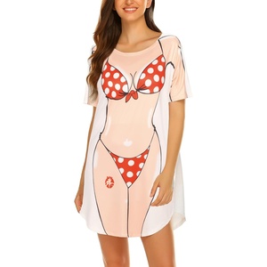 Ekouaer Women’s Bikini Shirt Cover Up Short Sleeve Cute Bikini Print Cover-Up Baggy T Shirt Dress Fun Wear(A-red)