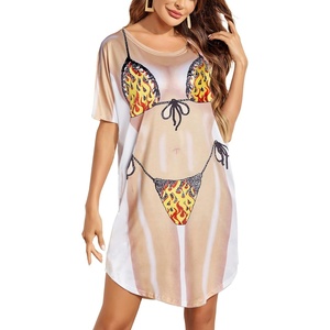 Ekouaer Women’s Bikini Shirt Cover Up Short Sleeve Cute Bikini Print Cover-Up Baggy T Shirt Dress Fun Wear(Flame Print)