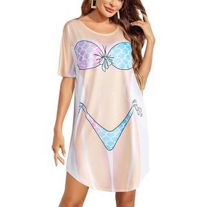 Ekouaer Women’s Bikini Shirt Cover Up Short Sleeve Cute Bikini Print Cover-Up Baggy T Shirt Dress Fun Wear(Mermaid Shiny)