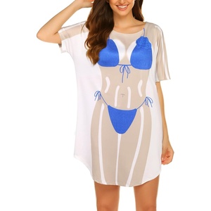 Ekouaer Women’s Bikini Shirt Cover Up Short Sleeve Cute Bikini Print Cover-Up Baggy T Shirt Dress Fun Wear(Ocean Macrame)