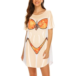 Ekouaer Women’s Bikini Shirt Cover Up Short Sleeve Cute Bikini Print Cover-Up Baggy T Shirt Dress Fun Wear(Orange Flower)