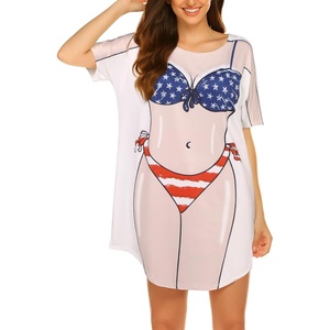 Ekouaer Women’s Bikini Shirt Cover Up Short Sleeve Cute Bikini Print Cover-Up Baggy T Shirt Dress Fun Wear(Usa Flag 3)