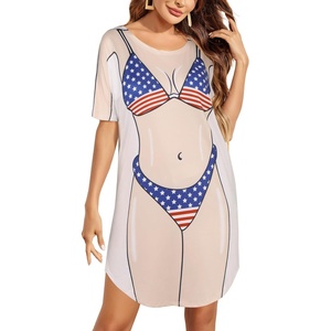 Ekouaer Women’s Bikini Shirt Cover Up Short Sleeve Cute Bikini Print Cover-Up Baggy T Shirt Dress Fun Wear(Usa Flag)