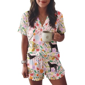 Ekouaer Womens Pajama Sets Button Down Short Sleeve Top and Shorts Cute Ruffled Pjs Sets Sleepwear(Animal and Plant World)